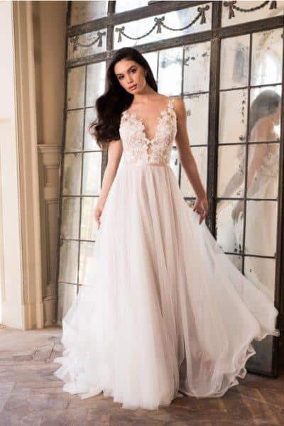 Floral Lace Embroidered Strapless Ball Gown Wedding Dress With